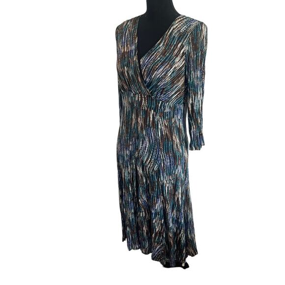 Karen Kane Faux Wrap Flare Dress Blue Jazz Stretch Patterned Large - Picture 3 of 9